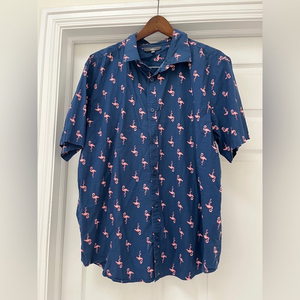 Mountain Ridge Men's Navy Flamingo Print Casual Shirt size men’s XL
